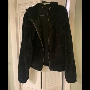 Black Hooded Fuzzy Jacket with Pockets